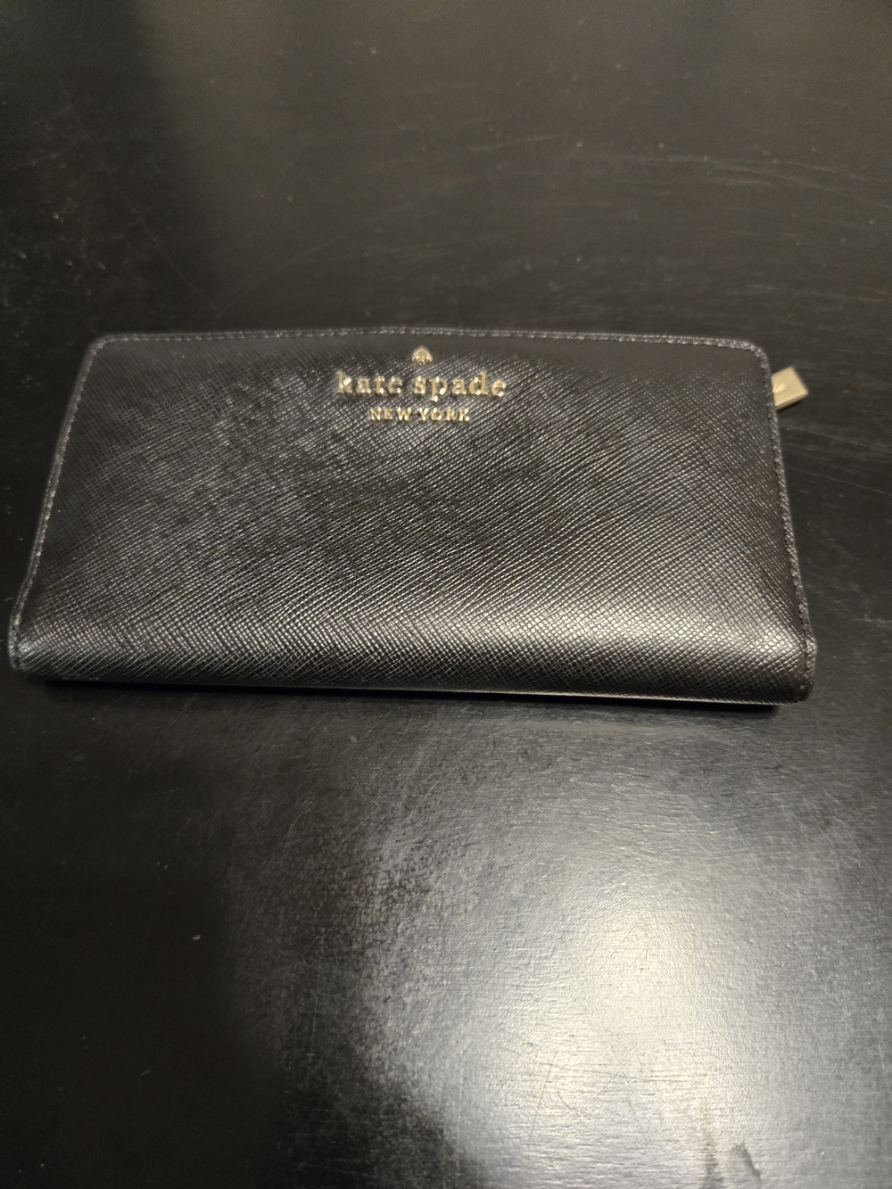 kate spade black zip-around wallet with gold logo